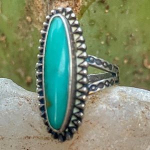 VTG Native American Navajo Long Delicate Turquoise Ring Stamped Sterling Silver
